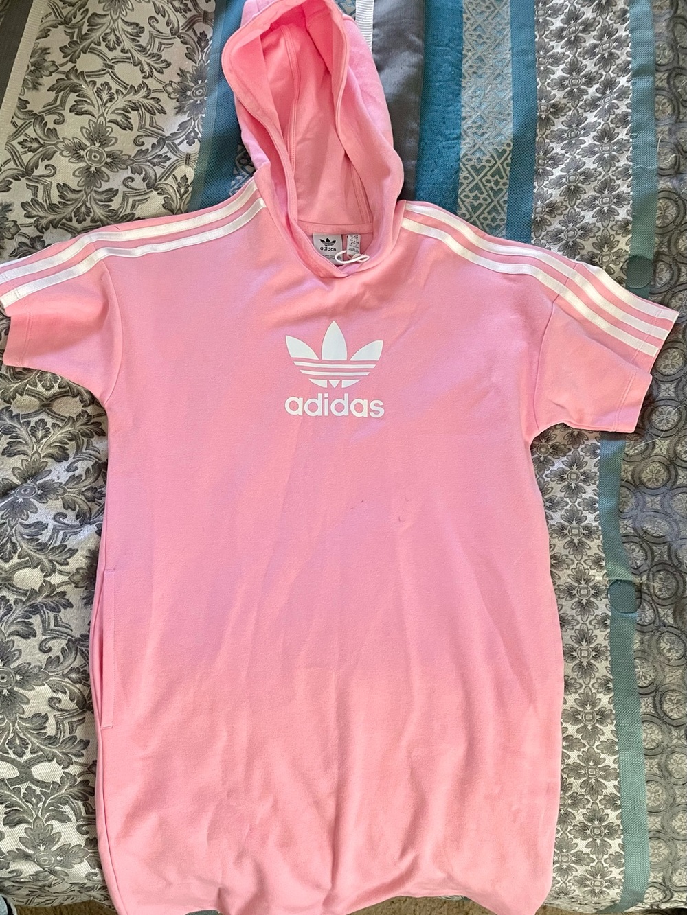 Kids adidas Pink Hooded Tee Dress with White Trefoil & Stripes